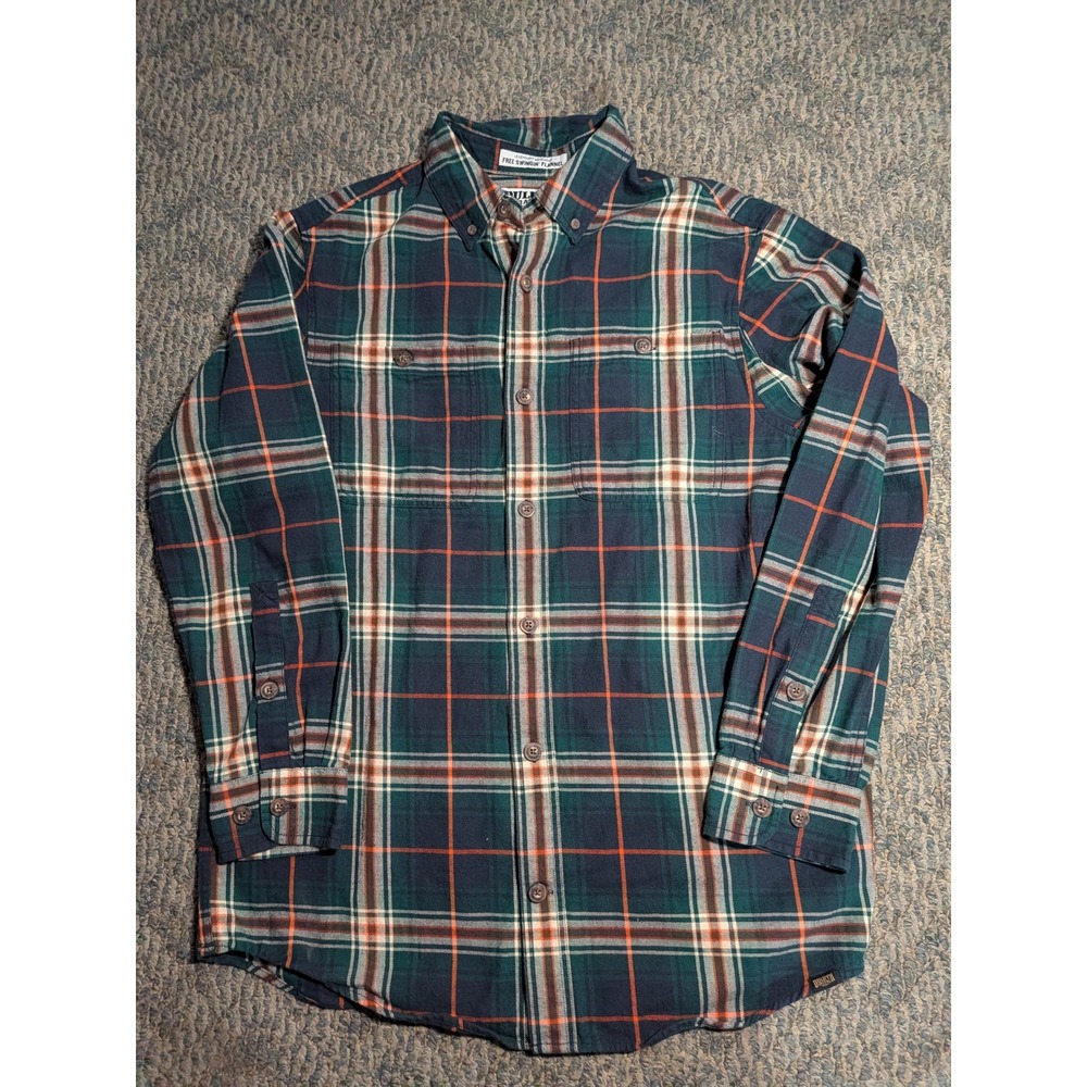 Duluth Trading Co Free Swingin Flannel Shirt Mens M Green Orange Plaid 30930